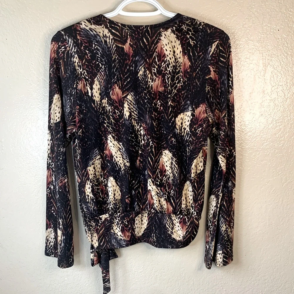Veronica M Boho Feather Print Surplice Faux Retro Wrap Bell Sleeve Blouse Size S